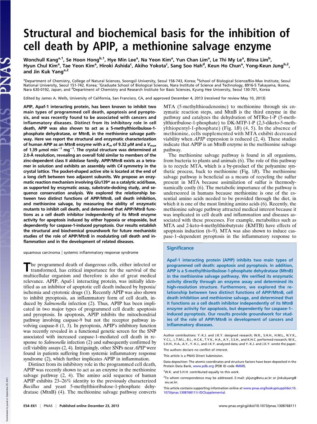 Structural and Biochemical Basis for the Inhibition of Cell Death by APIP, a Methionine Salvage Enzyme