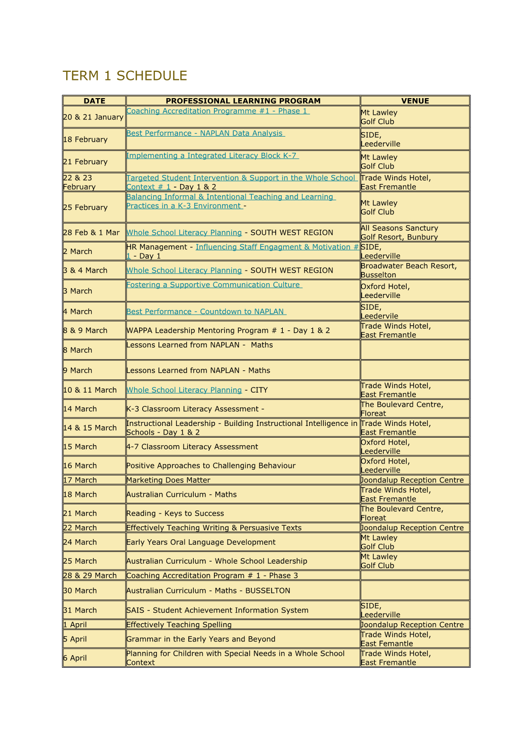 Term 1 Schedule