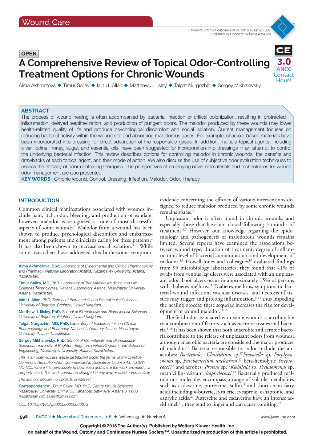 A Comprehensive Review of Topical Odor-Controlling Treatment Options for Chronic Wounds