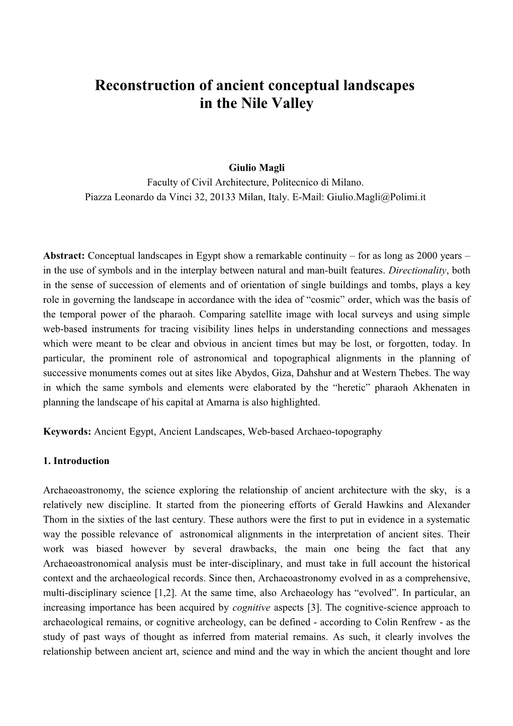 Reconstruction of Ancient Conceptual Landscapes in the Nile Valley