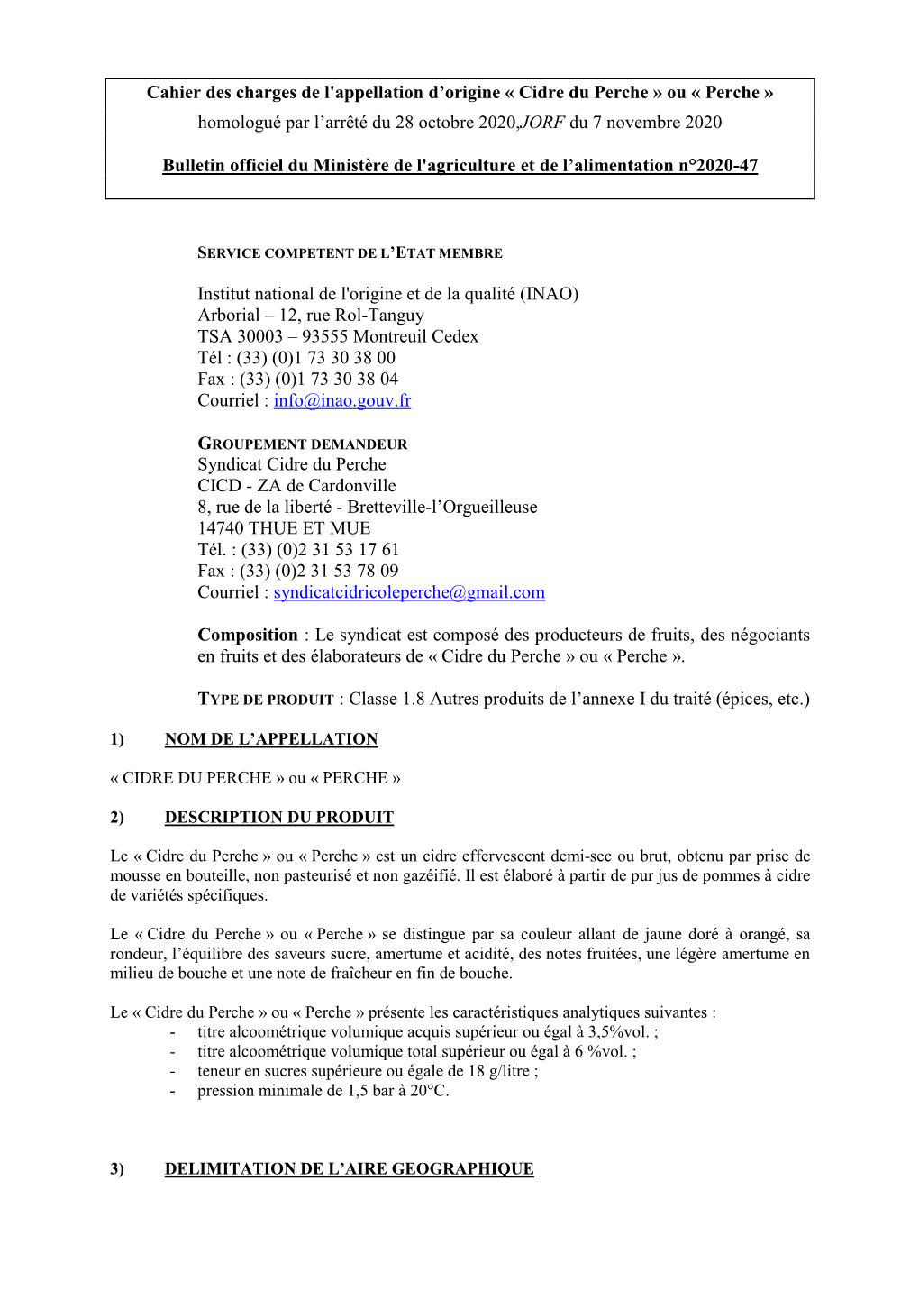 Cahier Des Charges De L'appellation D'origine « Cidre Du Perche