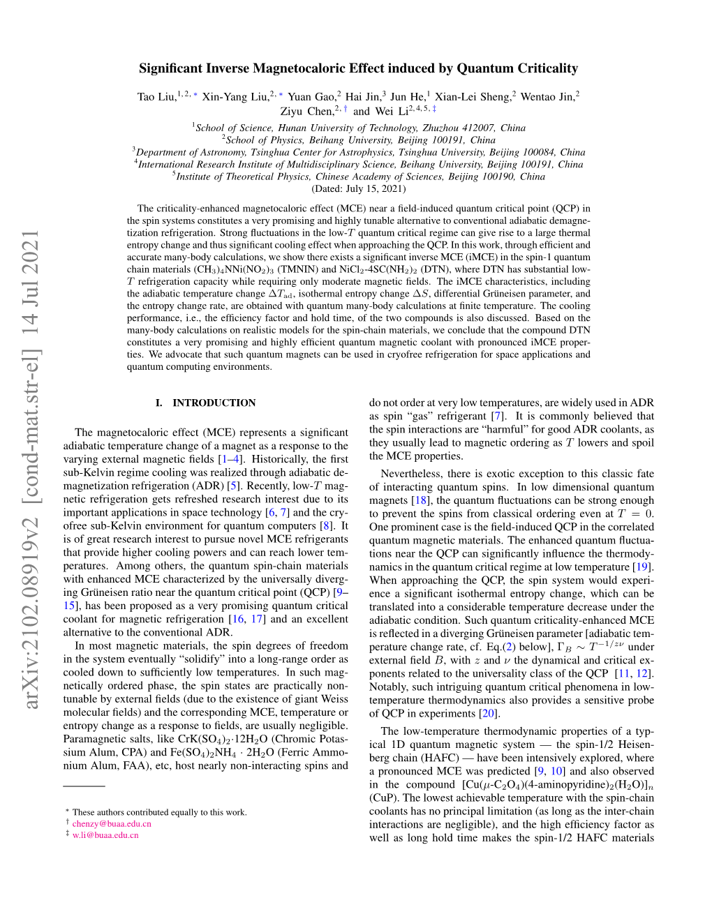 Arxiv:2102.08919V2 [Cond-Mat.Str-El] 14 Jul 2021 Molecular ﬁelds) and the Corresponding MCE, Temperature Or of QCP in Experiments [20]