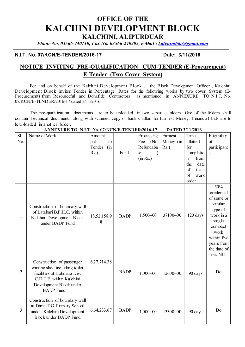 KALCHINI DEVELOPMENT BLOCK KALCHINI, ALIPURDUAR Phone No