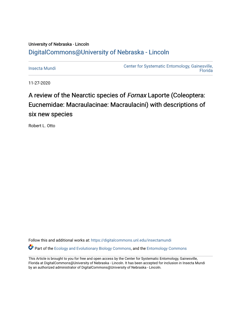 A Review of the Nearctic Species of Fornax Laporte (Coleoptera: Eucnemidae: Macraulacinae: Macraulacini) with Descriptions of Six New Species