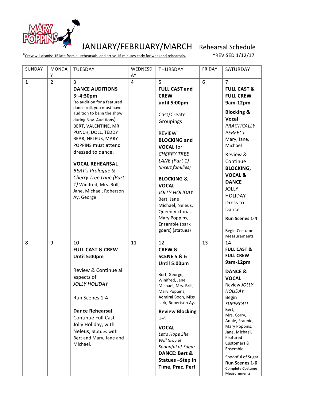 Mary Poppins Rehearsal Calendar