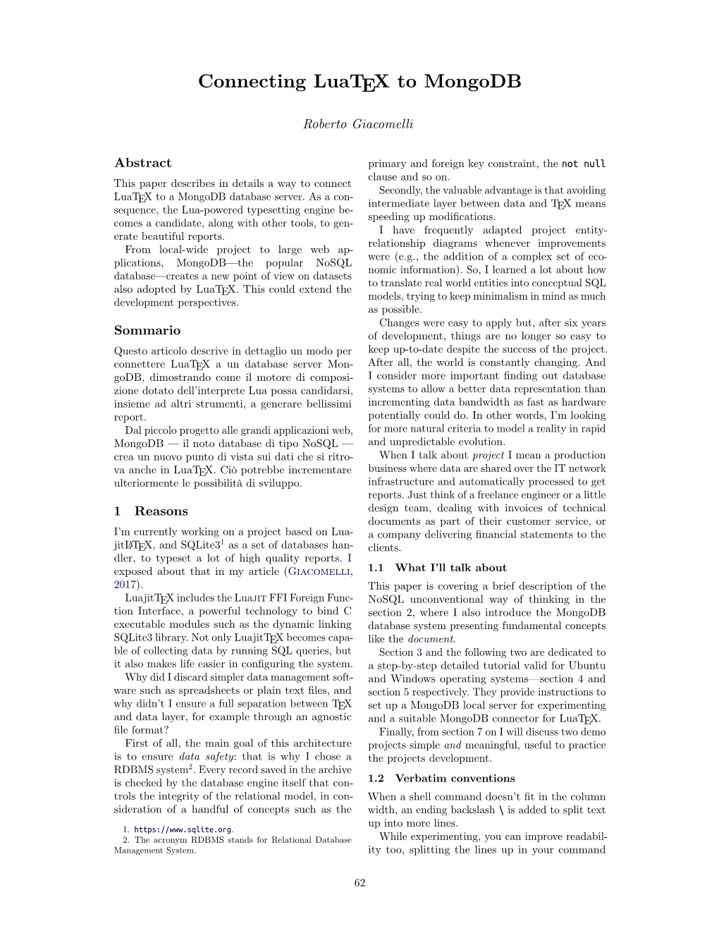 Connecting Luatex to Mongodb (Arstexnica, Numero 26, 2018)