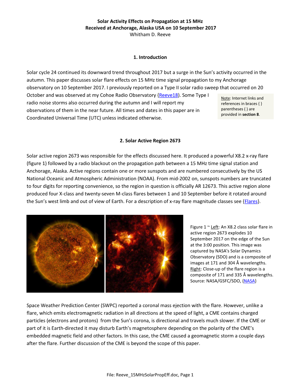 Solar Activity Effects on Propagation at 15 Mhz Received at Anchorage, Alaska USA on 10 September 2017 Whitham D