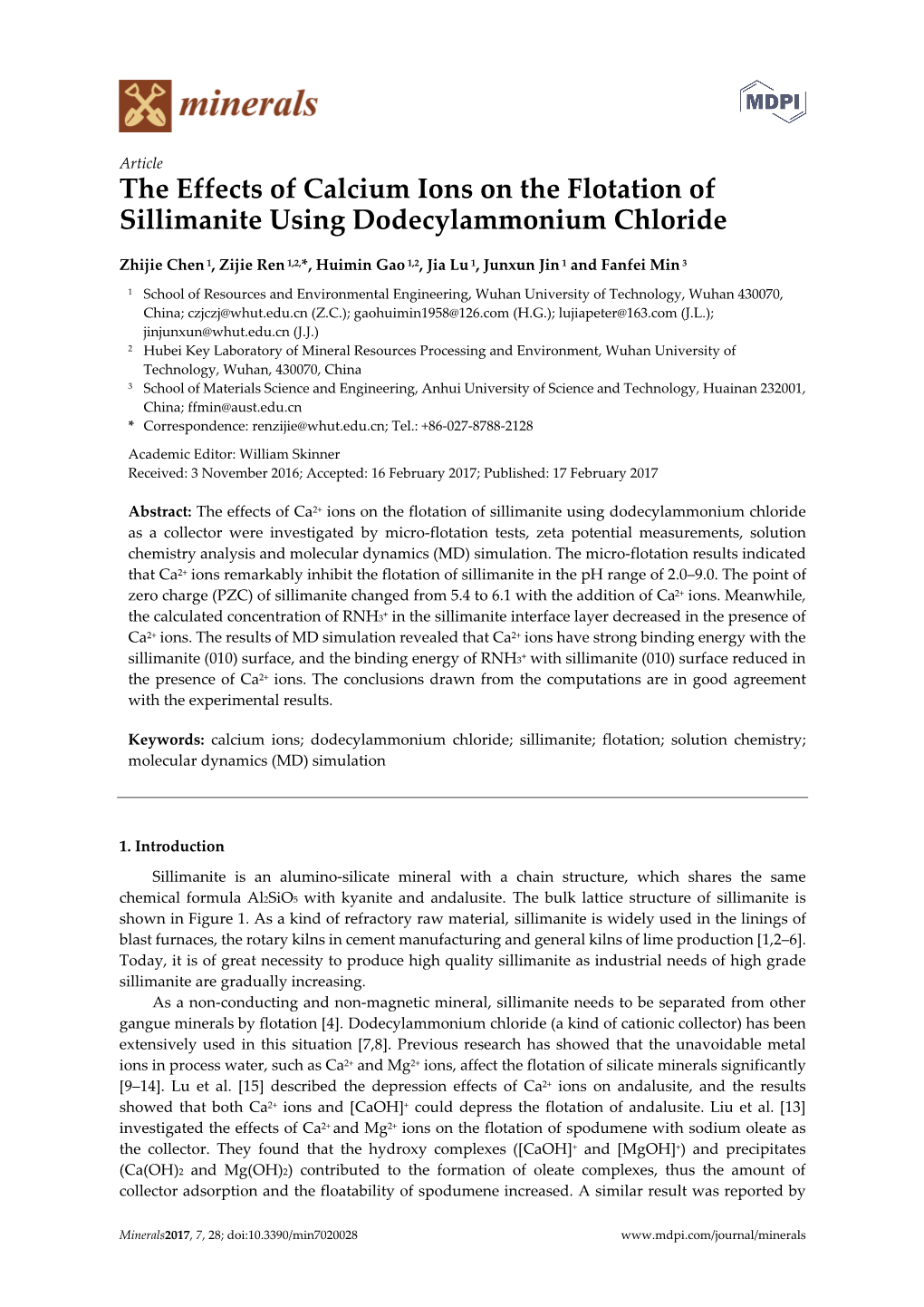 The Effects of Calcium Ions on the Flotation of Sillimanite Using Dodecylammonium Chloride