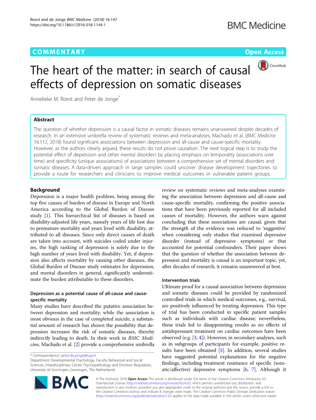 In Search of Causal Effects of Depression on Somatic Diseases Annelieke M