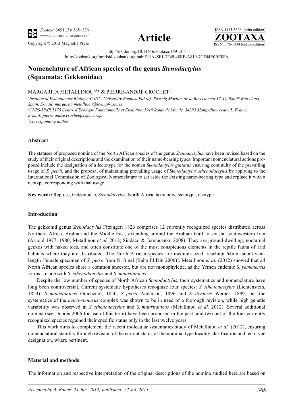 Nomenclature of African Species of the Genus Stenodactylus (Squamata: Gekkonidae)