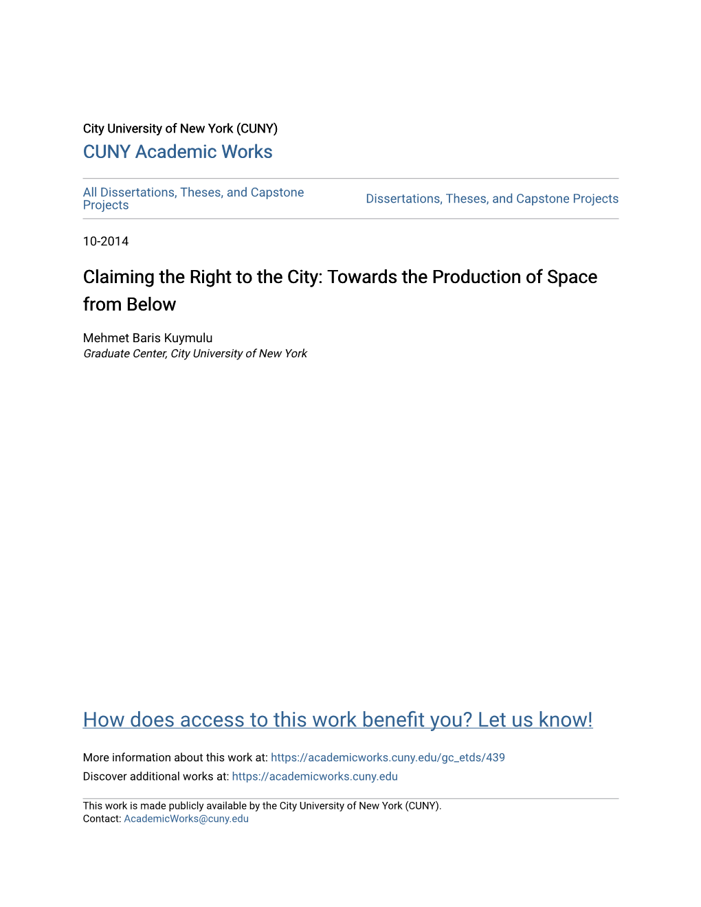 Claiming the Right to the City: Towards the Production of Space from Below