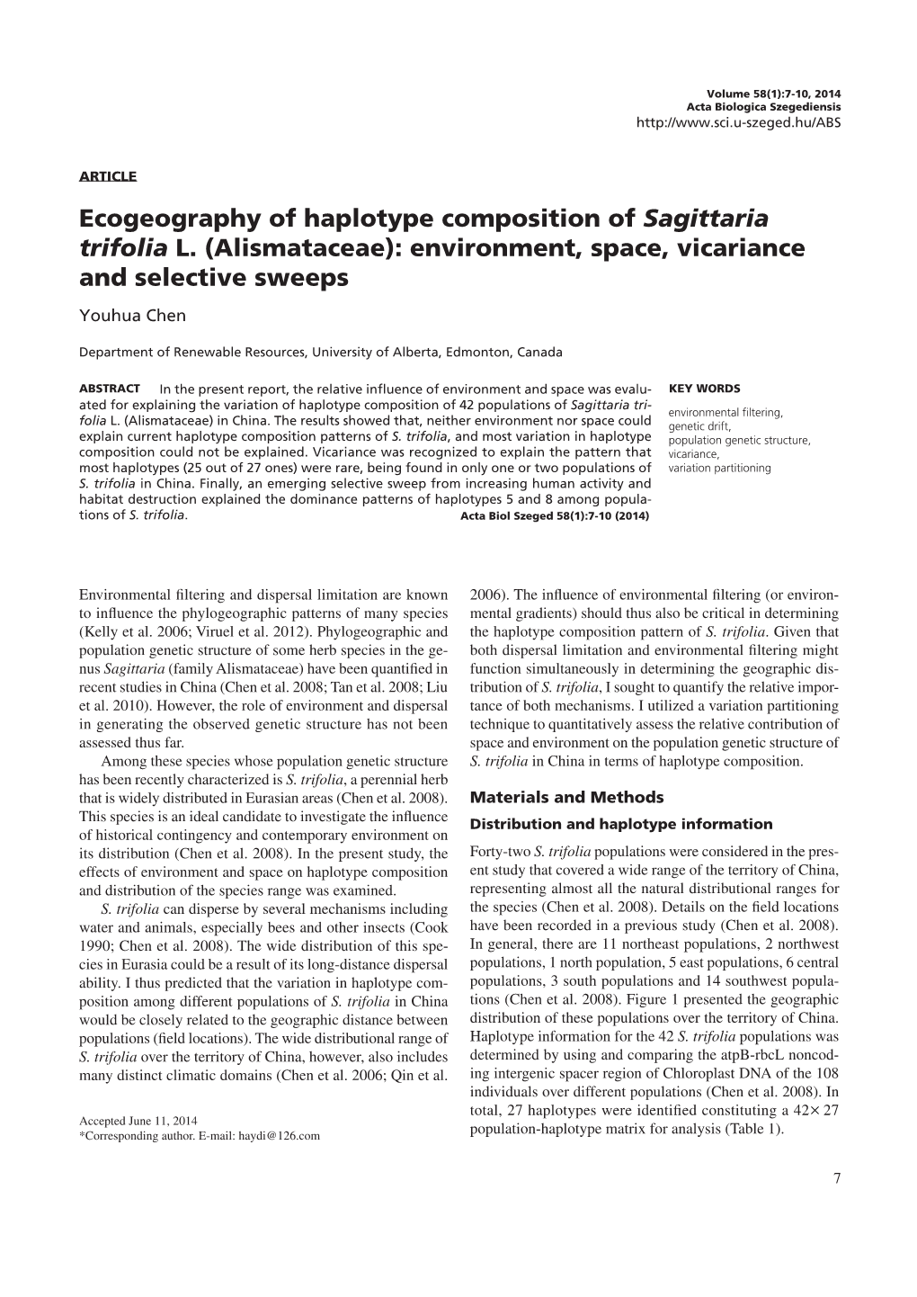 Ecogeography of Haplotype Composition of Sagittaria Trifolia L