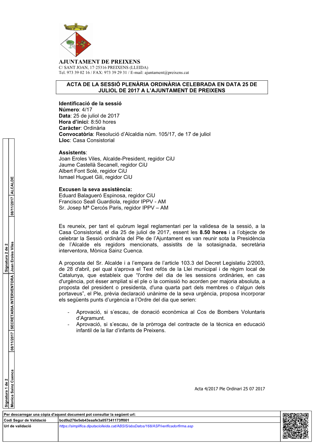 AJUNTAMENT DE PREIXENS C/ SANT JOAN, 17·25316 PREIXENS (LLEIDA) Tel