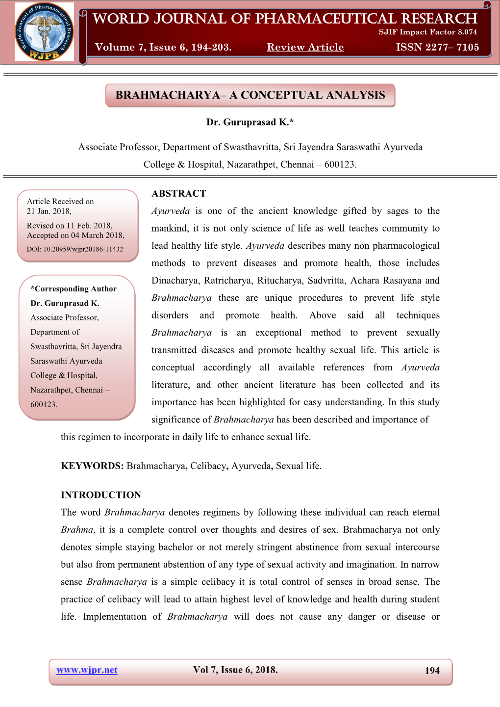 World Journal of Pharmaceutical Research Guruprasad World Journal of Pharmaceutical Research SJIF Impact Factor 8.074 Volume 7, Issue 6, 194-203