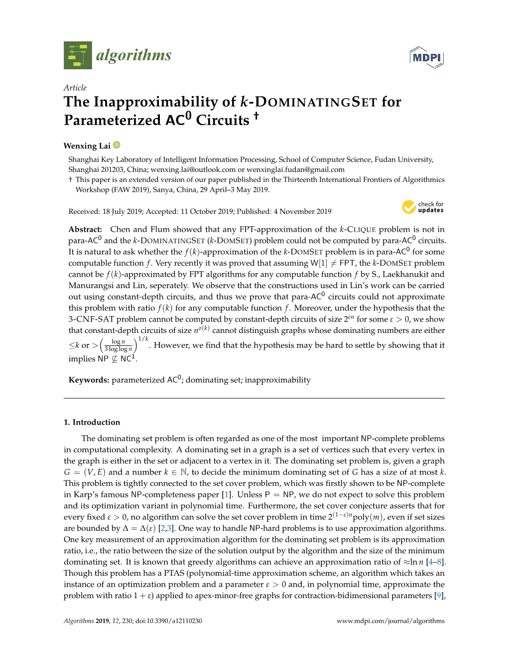 The Inapproximability of K-DOMINATINGSET for Parameterized AC0 Circuits †