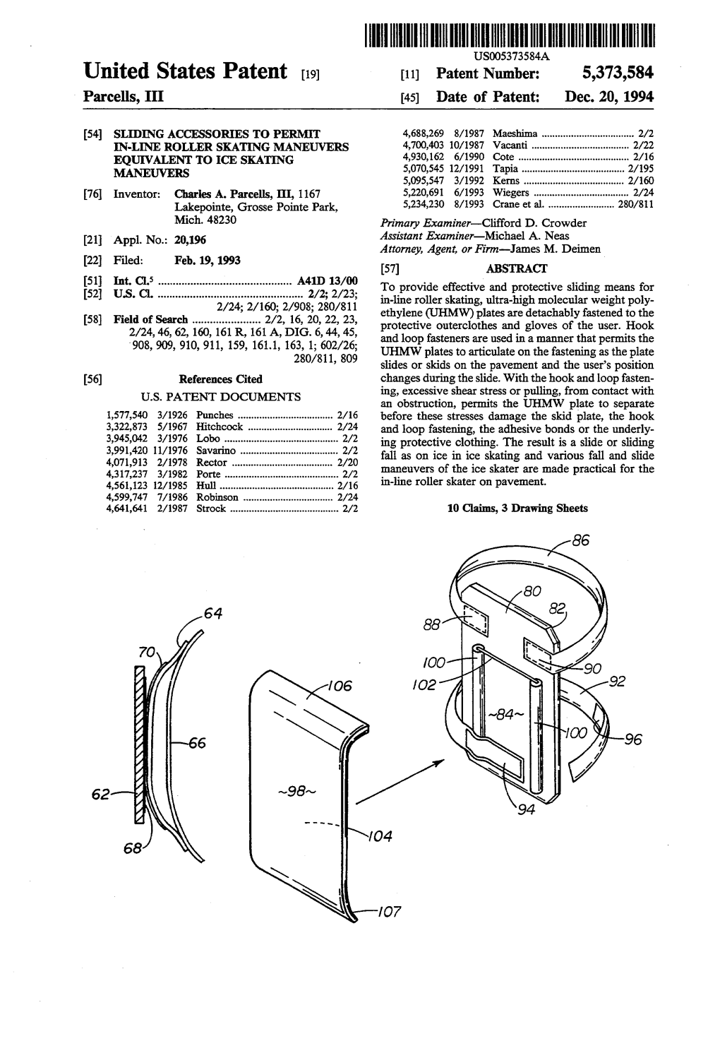 United States Patent (19) 11) Patent Number: 5,373,584 Parcells, III 45) Date of Patent: Dec