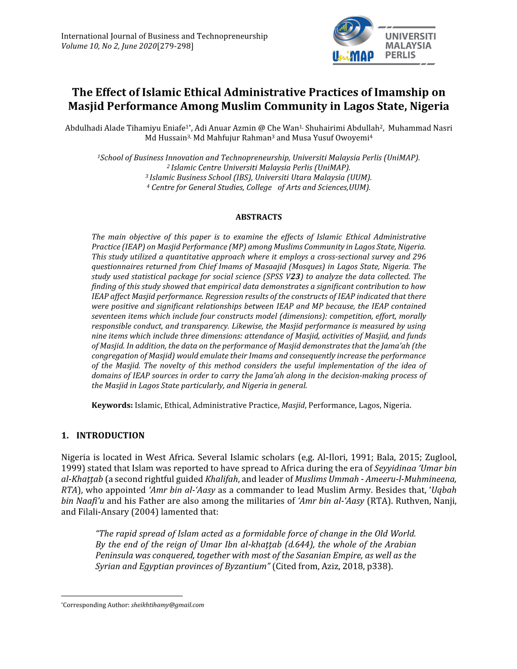 The Effect of Islamic Ethical Administrative Practices of Imamship on Masjid Performance Among Muslim Community in Lagos State, Nigeria