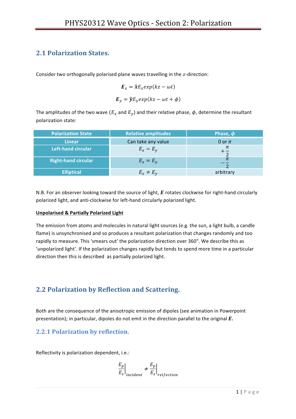 PHYS20312 Wave Optics -‐ Section 2: Polarization