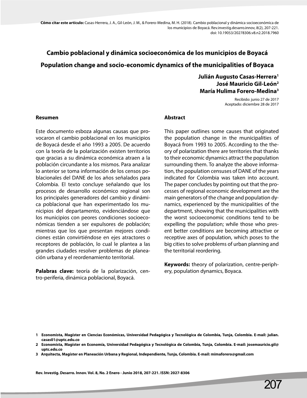 Cambio Poblacional Y Dinámica Socioeconómica De Los Municipios De Boyacá Population Change and Socio-Economic Dynamics Of