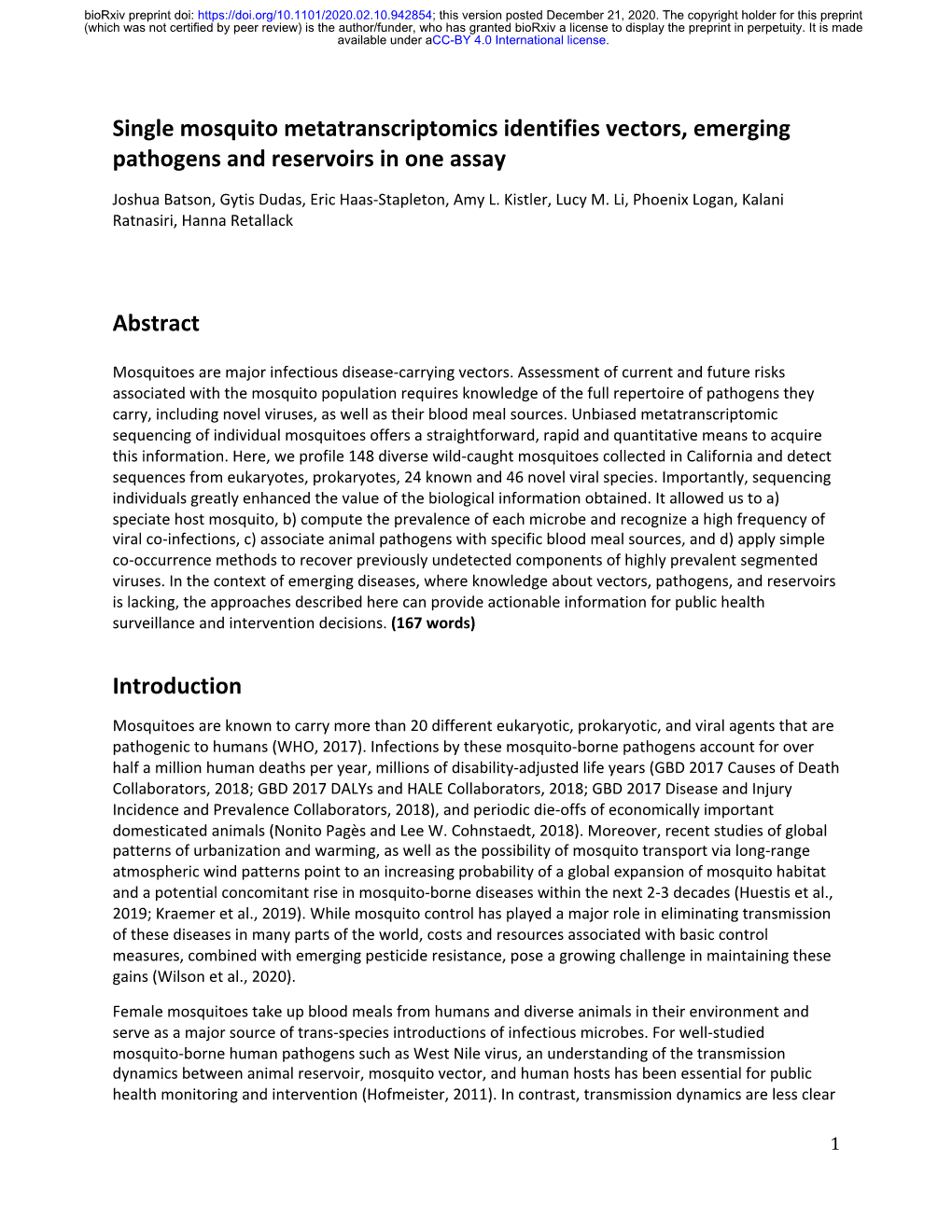 Single Mosquito Metatranscriptomics Identifies Vectors, Emerging Pathogens and Reservoirs in One Assay