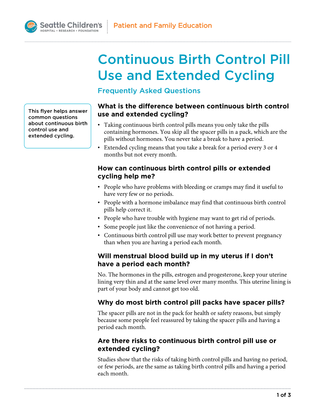 PE1332 Continuous Birth Control Pill Use and Extended Cycling