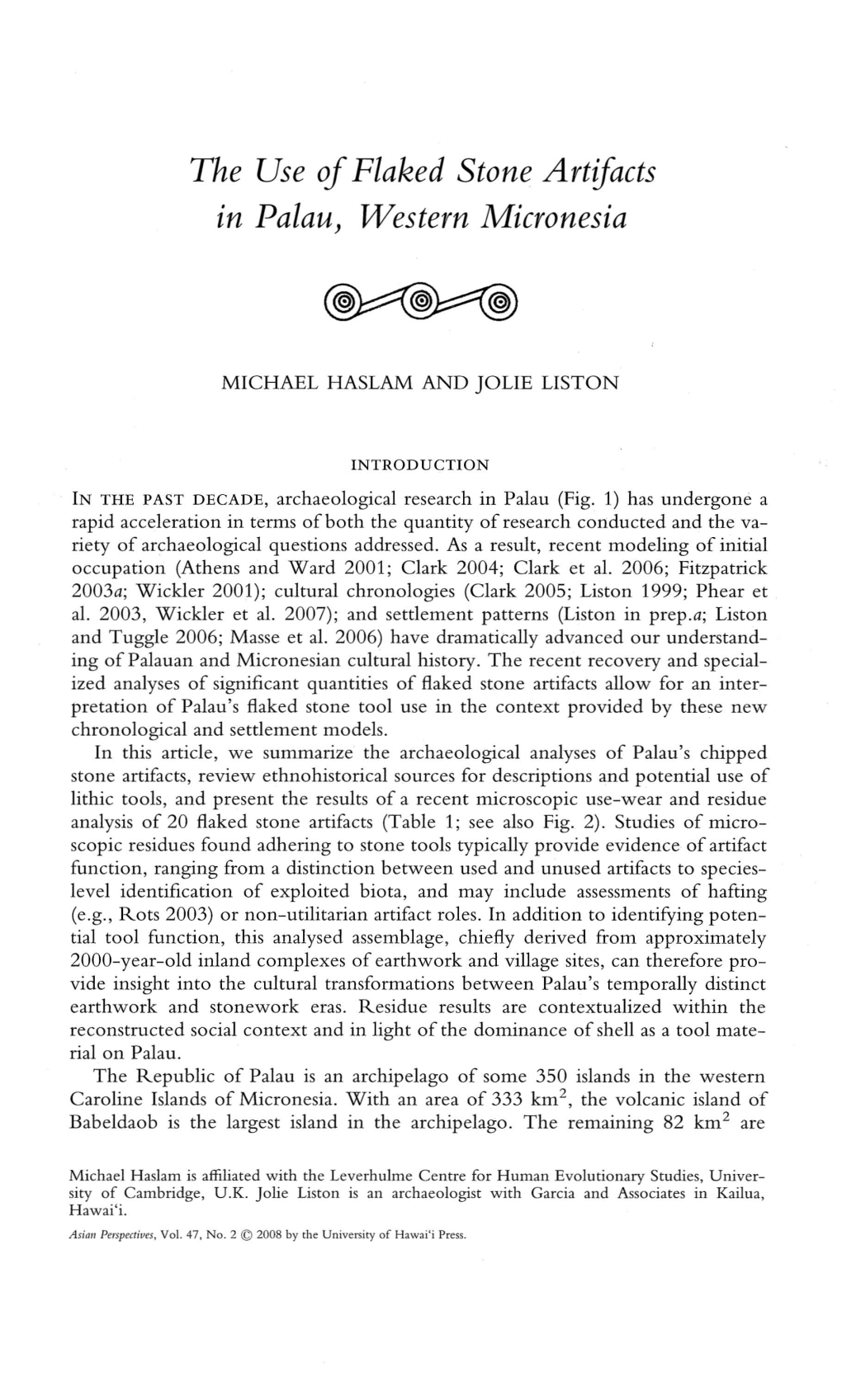 The Use Offlaked Stone Artifacts in Palau) Western Micronesia