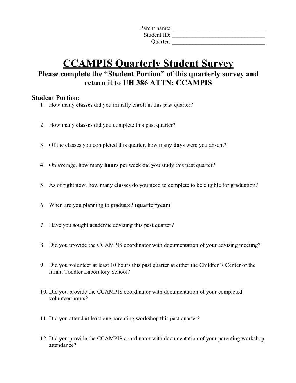 CCAMPIS Quarterly Student Survey