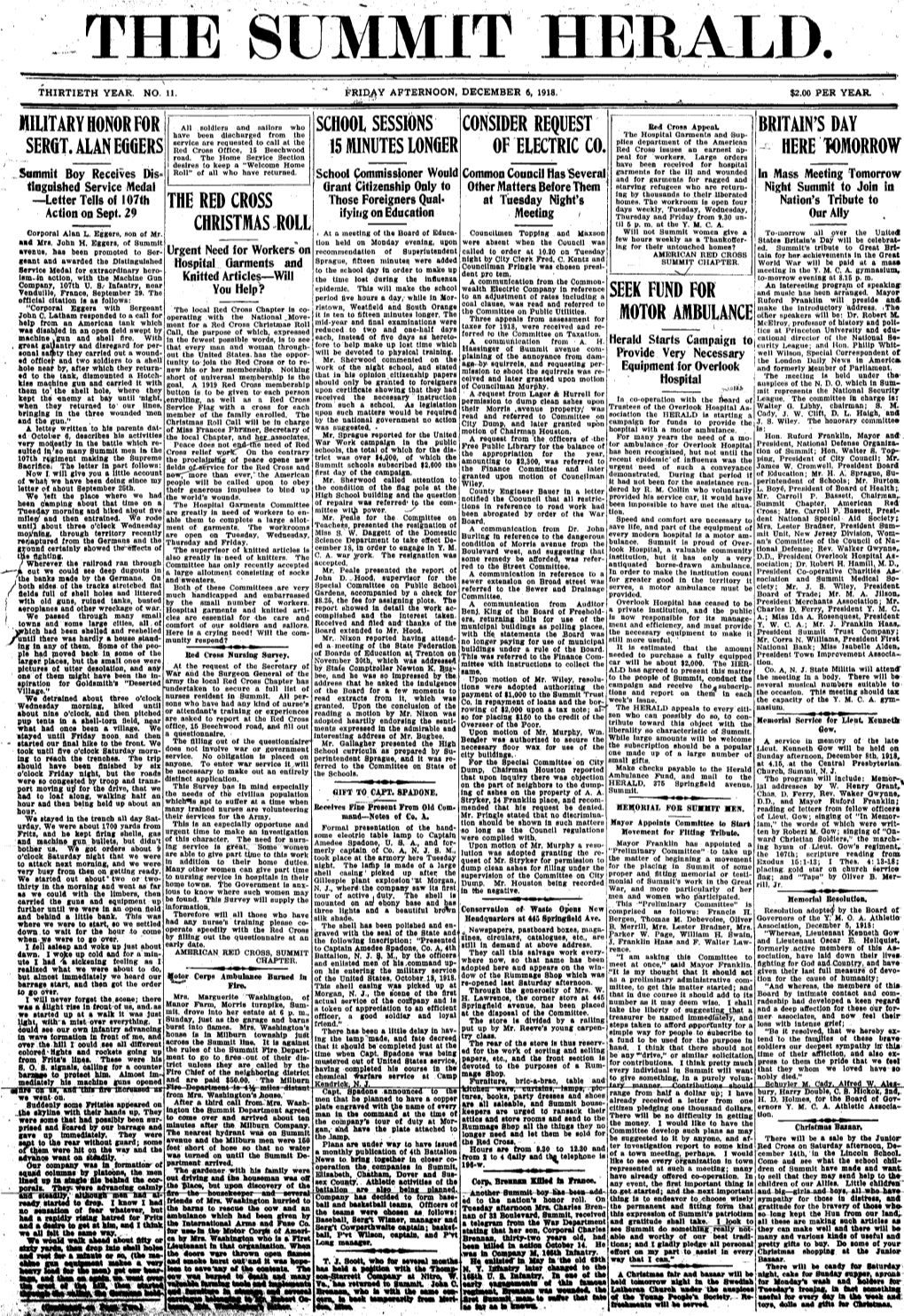 Military Honor for Sergt. Alan Eggers the Red Cross Christmas Roll School Sessions 15 Minutes Longer Consider Request of Electri