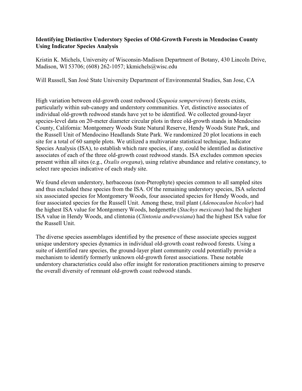 Identifying Distinctive Understory Species of Old-Growth Forests in Mendocino County Using Indicator Species Analysis