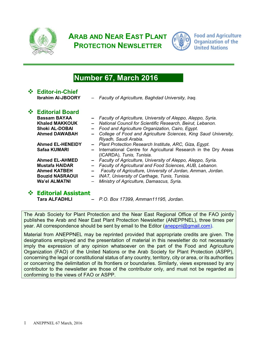 Arab and Near East Plant Protection Newsletter