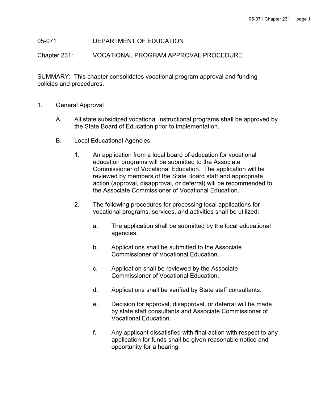 Chapter 231: VOCATIONAL PROGRAM APPROVAL PROCEDURE