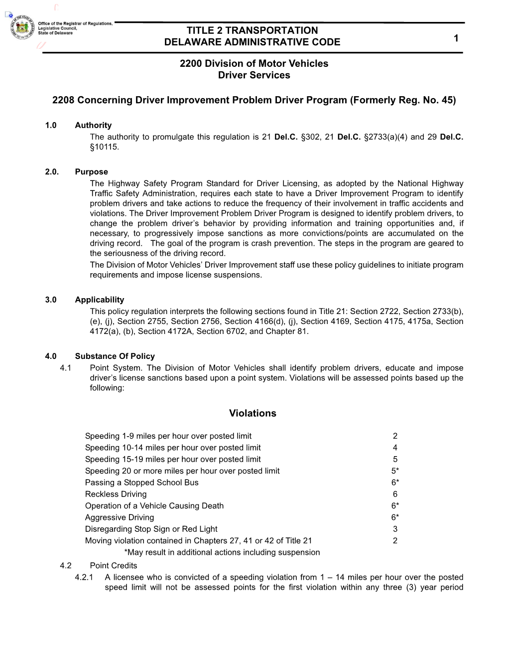 2208 Concerning Driver Improvement Problem Driver Program (Formerly Reg