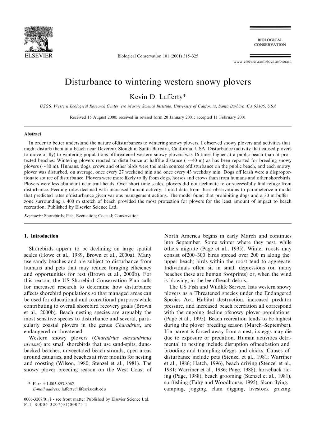 Disturbance to Wintering Western Snowy Plovers