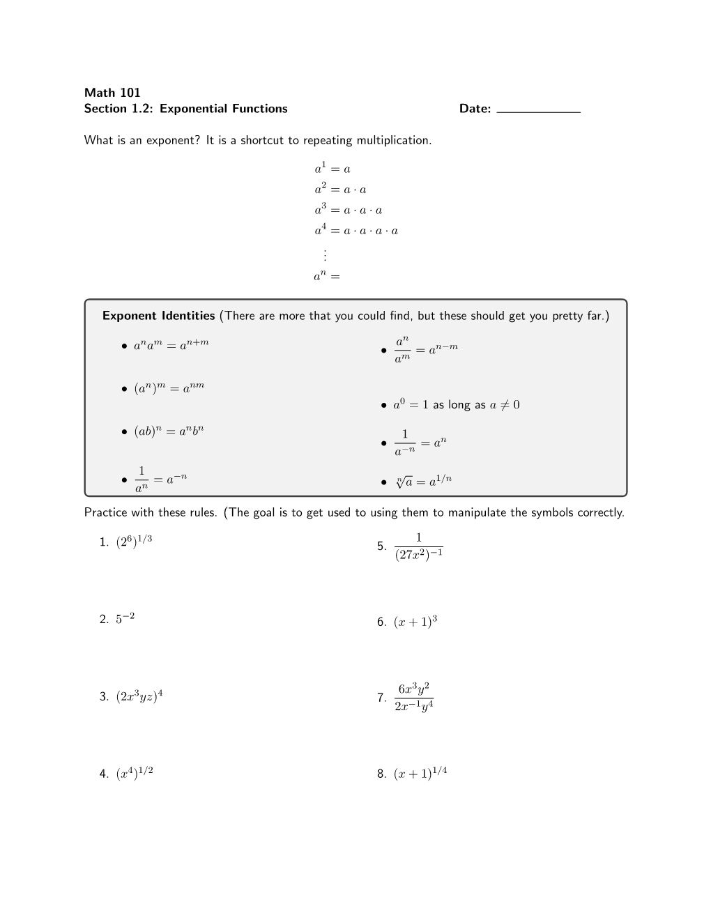 Math 101 Section 1.2: Exponential Functions Date: What Is An