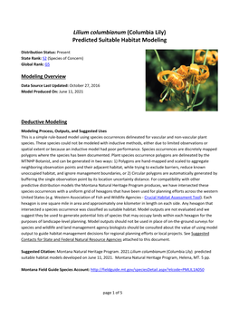 Lilium Columbianum (Columbia Lily) Predicted Suitable Habitat Modeling