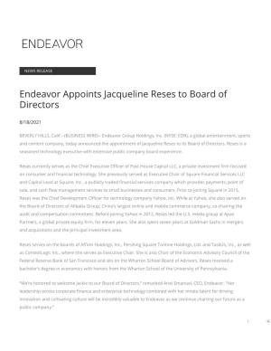 Endeavor Appoints Jacqueline Reses to Board of Directors