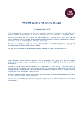 FTSE MIB Quarterly Rebalancing Changes 14 December 2015