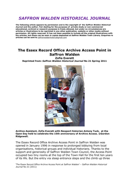 Archive Access Point in Saffron Walden Zofia Everett Reprinted From: Saffron Walden Historical Journal No 21 Spring 2011