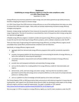 Statement Establishing an Energy Efficiency Registry As a Tool for State Compliance Under U.S