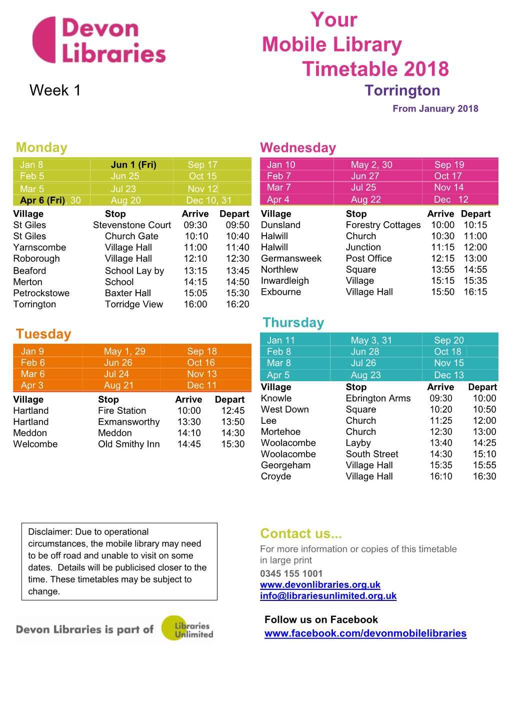 Your Mobile Library Timetable 2018 Torrington