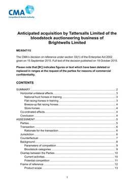 Tattersalls Limited of the Bloodstock Auctioneering Business of Brightwells Limited