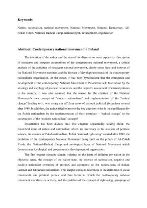 Keywords Abstract: Contemporary National Movement in Poland