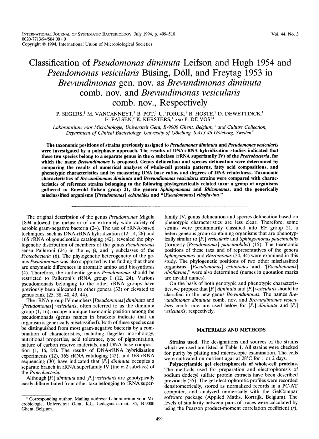 Classification of Pseudomonas Diminuta Leifson and Hugh 1954 and Pseudomonas Vesicularis Busing, Doll, and Freytag 1953 in Brevundimonas Gen