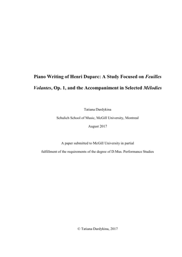Piano Writing of Henri Duparc: a Study Focused on Feuilles