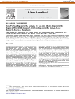 Constructing Experimental Designs for Discrete-Choice Experiments: Report of the ISPOR Conjoint Analysis Experimental Design Good Research Practices Task Force F
