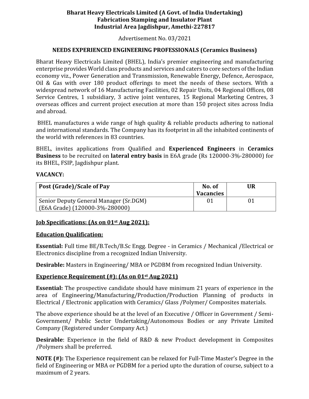 Bharat Heavy Electricals Limited (A Govt. of India Undertaking) Fabrication Stamping and Insulator Plant Industrial Area Jagdishpur, Amethi-227817 Advertisement No