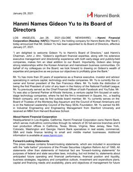 Hanmi Names Gideon Yu to Its Board of Directors