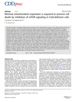 Minimal Mitochondrial Respiration Is Required to Prevent Cell Death by Inhibition of Mtor Signaling in Coq-Deﬁcient Cells ✉ Ying Wang 1 and Siegfried Hekimi1