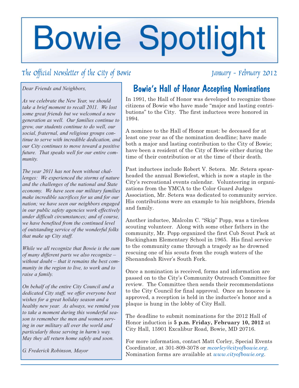 The Official Newsletter of the City of Bowie January