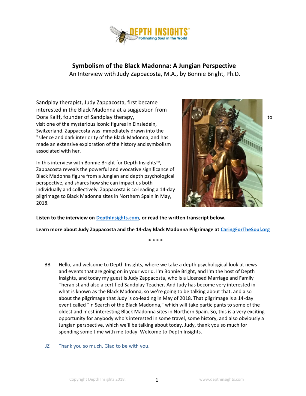 Symbolism of the Black Madonna: a Jungian Perspective an Interview with Judy Zappacosta, M.A., by Bonnie Bright, Ph.D